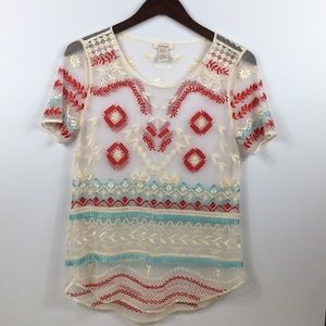 Sundance Catalog Sheer Embroidered Top size XS